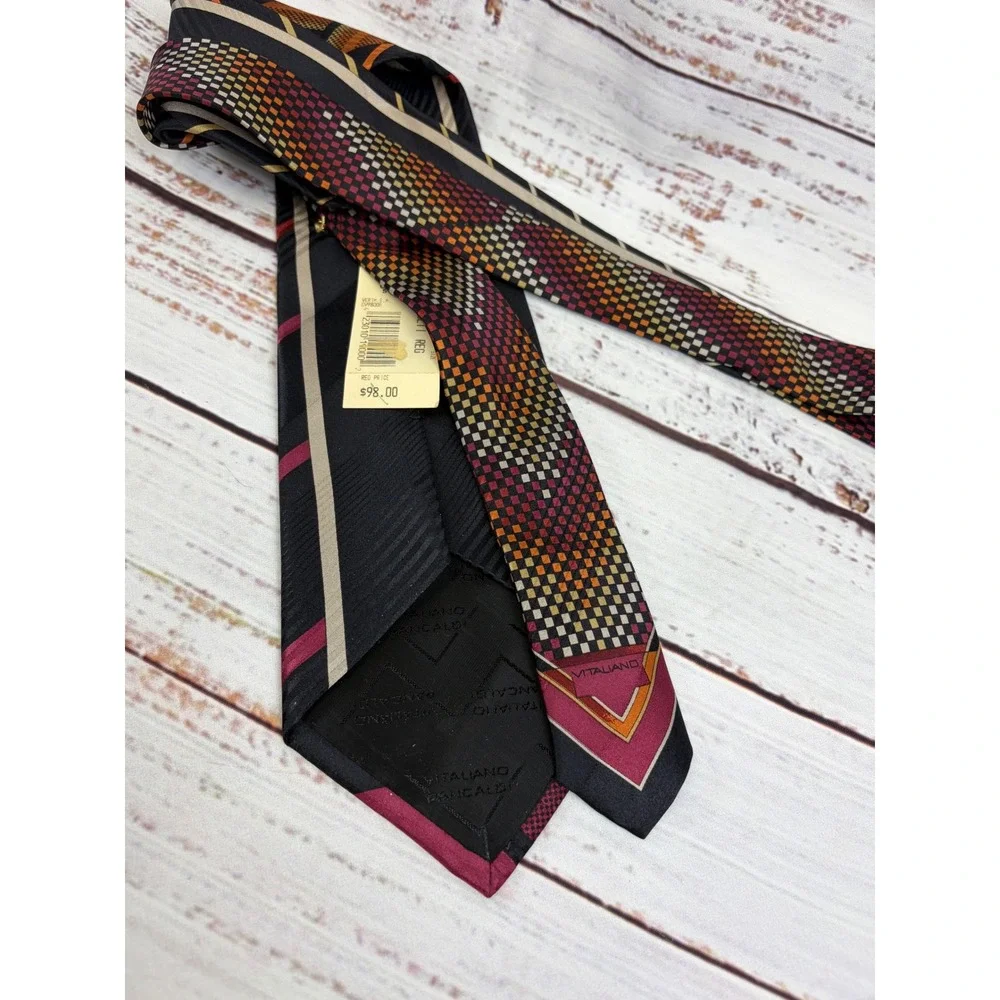 Vitaliano Pancaldi Italy Silk Tie Burgundy Red Black Geometric Abstract NWT NOS